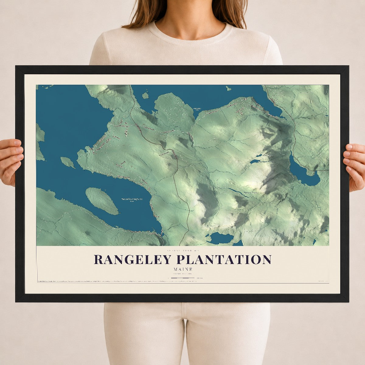 Rangeley Plantation, Maine map print - 18 x 24 black Ayous wood frame