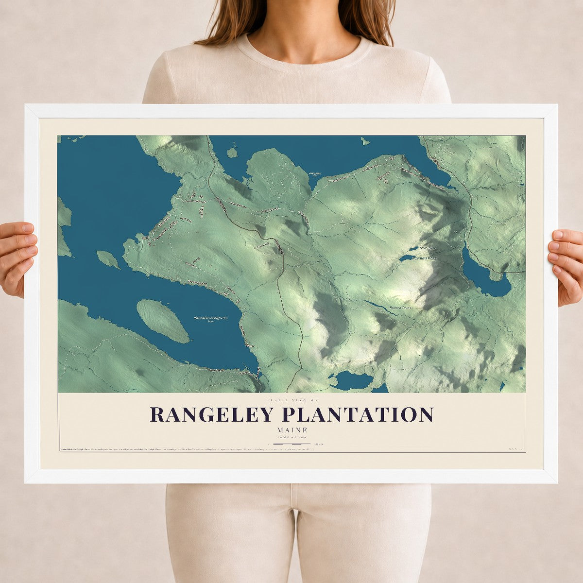 Rangeley Plantation, Maine map print - 18 x 24 white Ayous wood frame