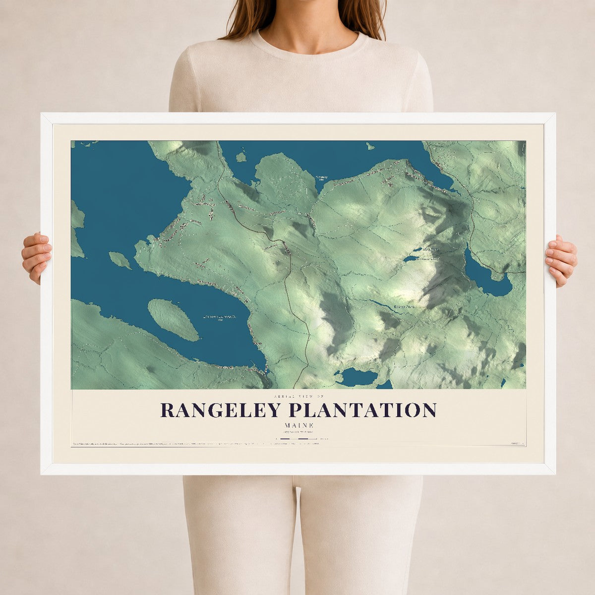 Rangeley Plantation, Maine map print - 24 x 36 white Ayous wood frame