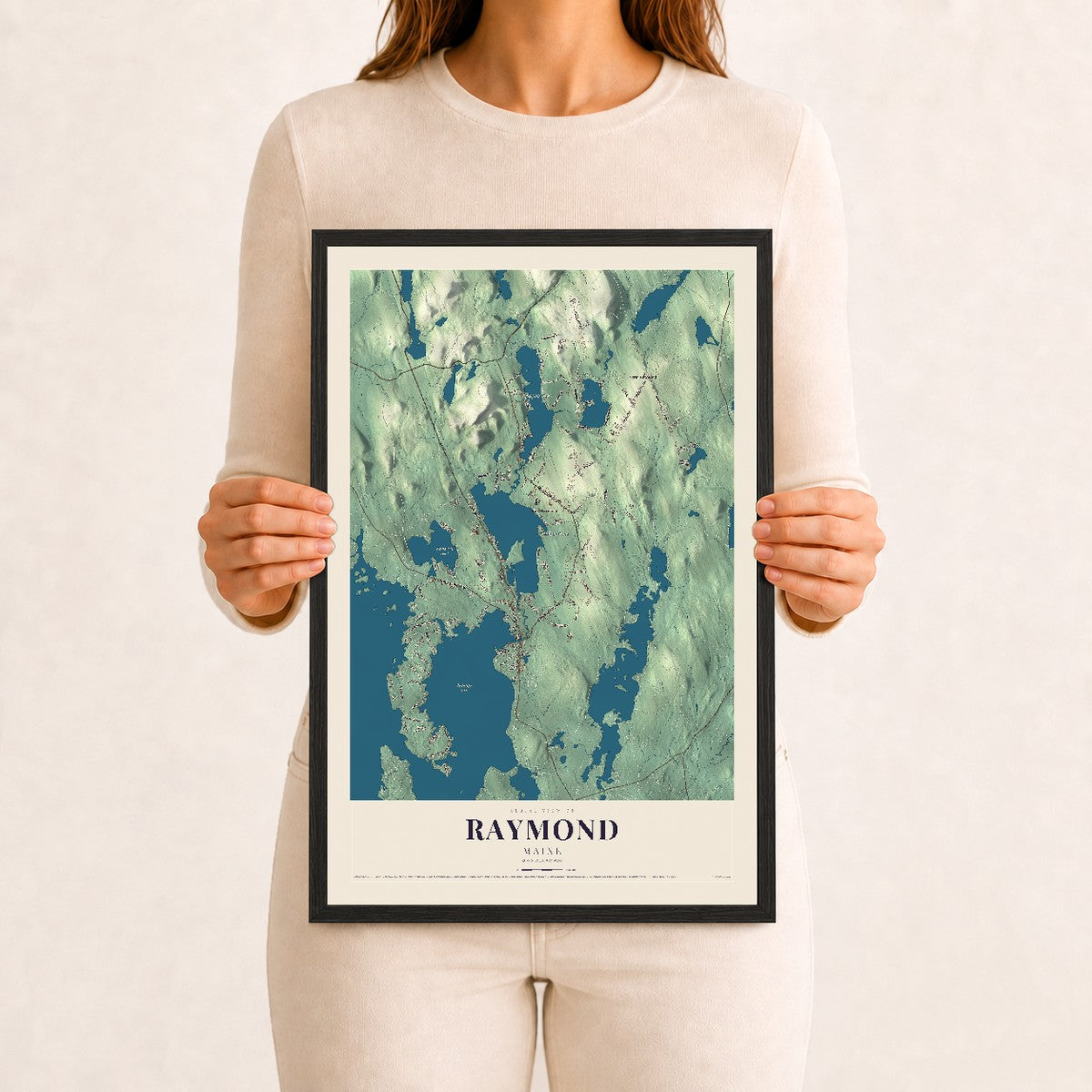 Raymond, Maine map print - 12 x 18 black Ayous wood frame