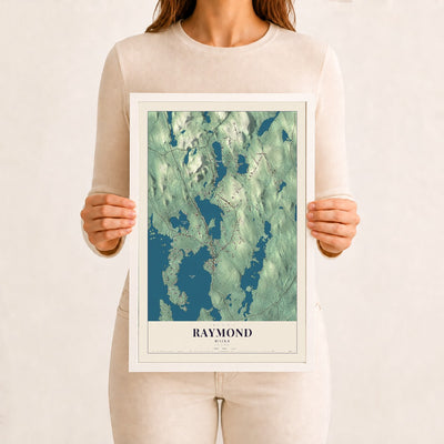 Raymond, Maine map print - 12 x 18 white Ayous wood frame