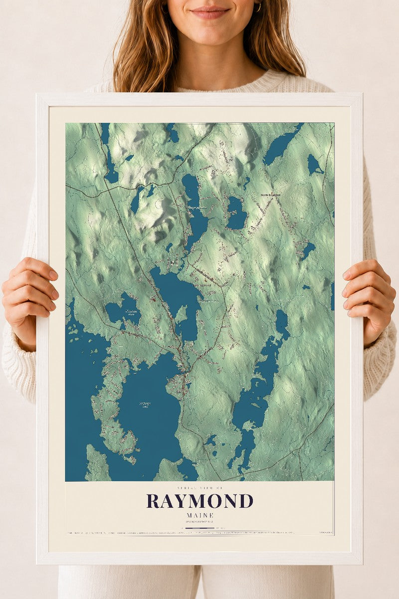 Raymond, Maine map print - 18 x 24 white Ayous wood frame