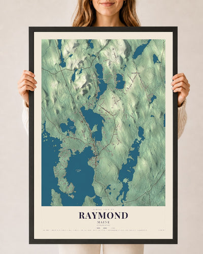 Raymond, Maine map print - 24 x 36 black Ayous wood frame
