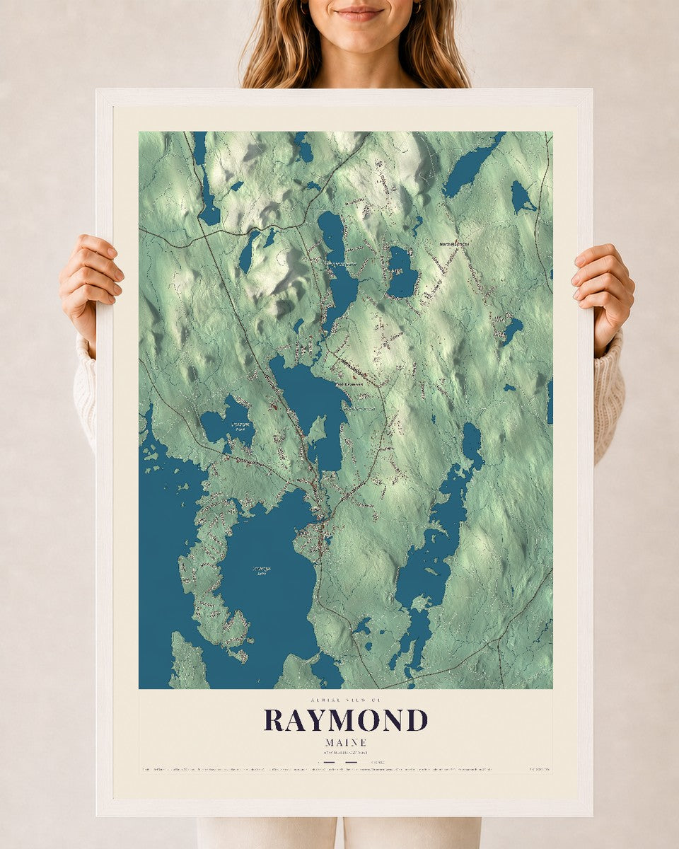 Raymond, Maine map print - 24 x 36 white Ayous wood frame