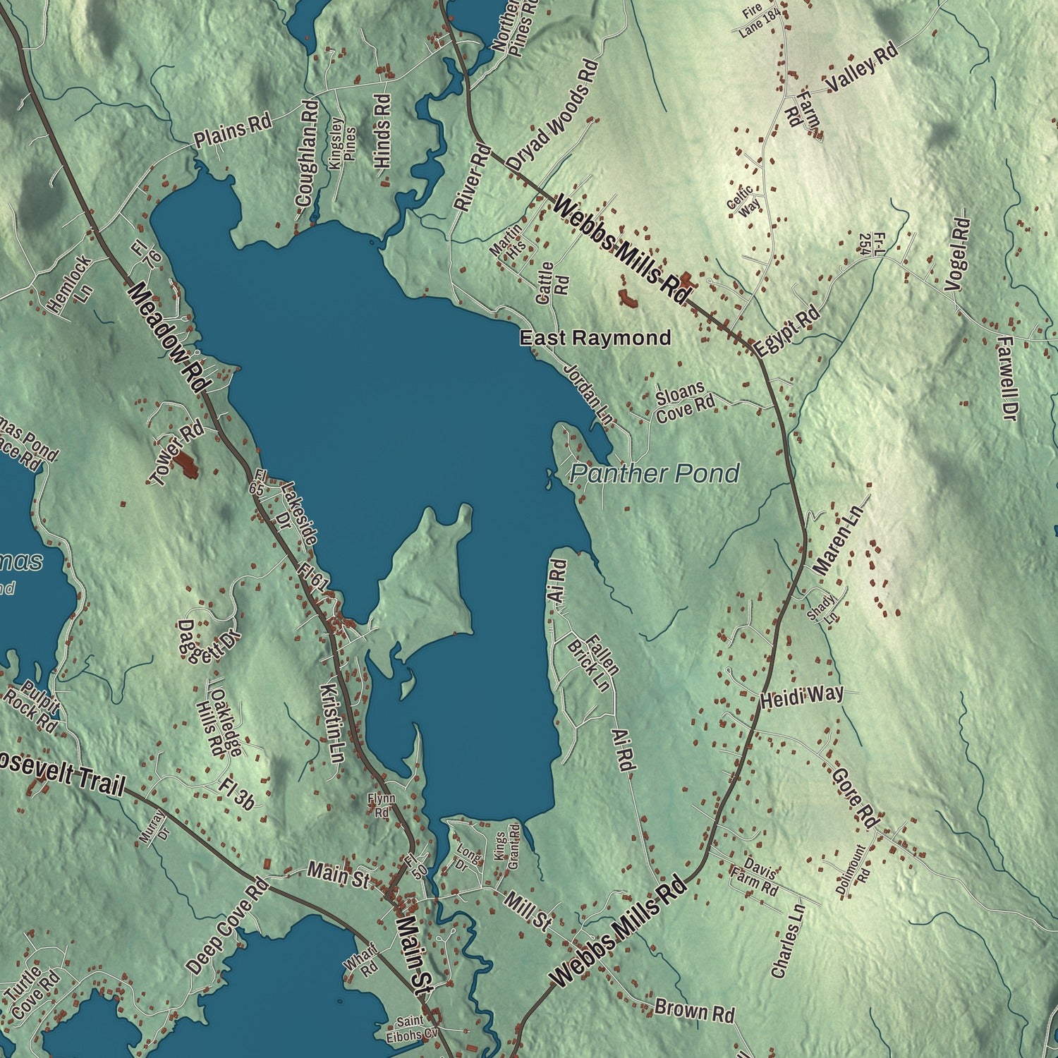 Terrain and local geography detail from the Raymond, Maine map