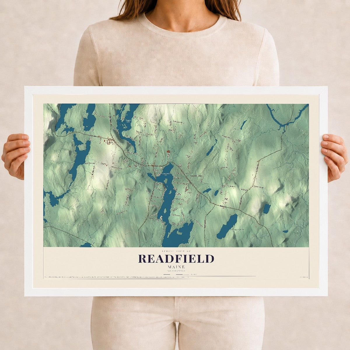 Readfield, Maine map print - 12 x 18 white Ayous wood frame