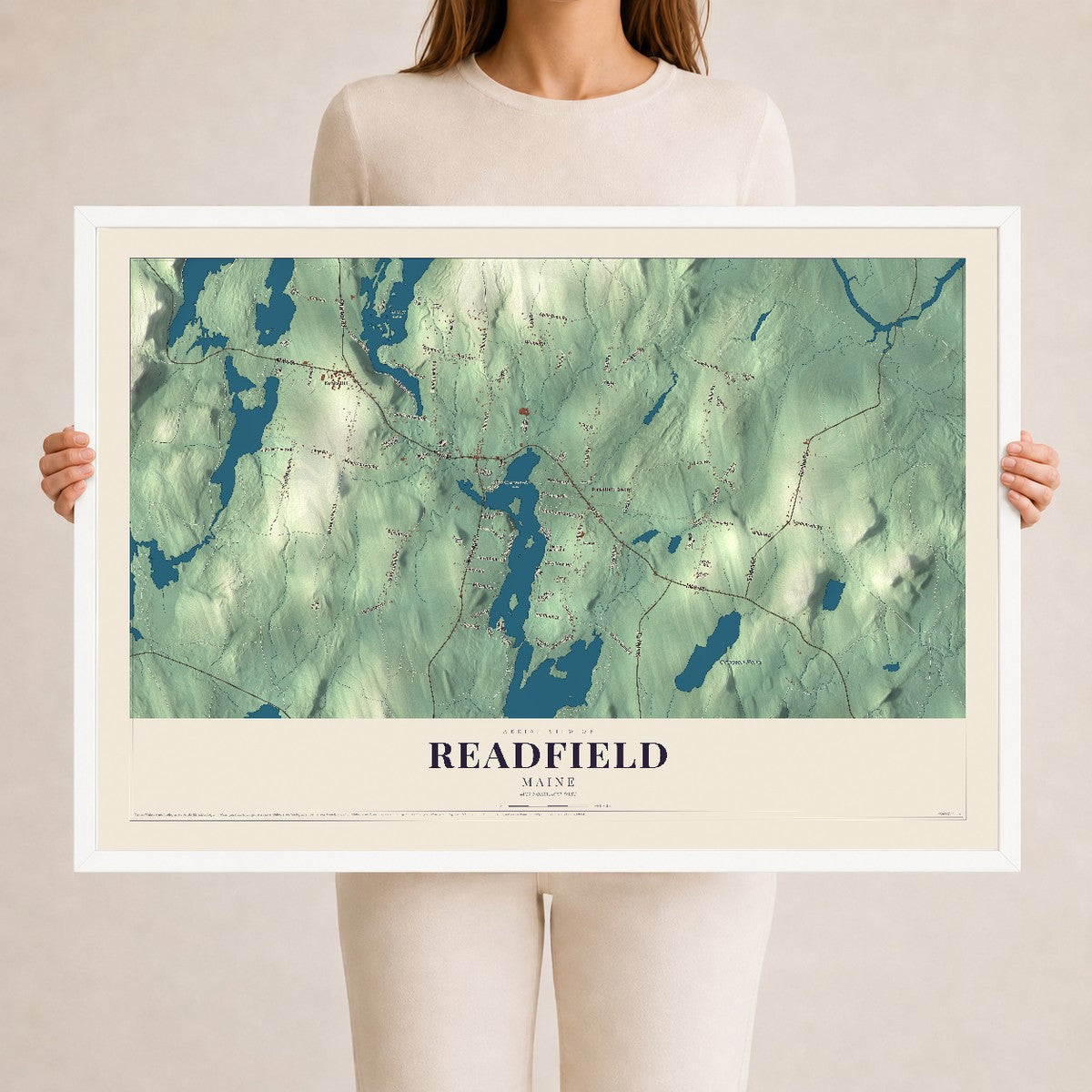 Readfield, Maine map print - 24 x 36 white Ayous wood frame