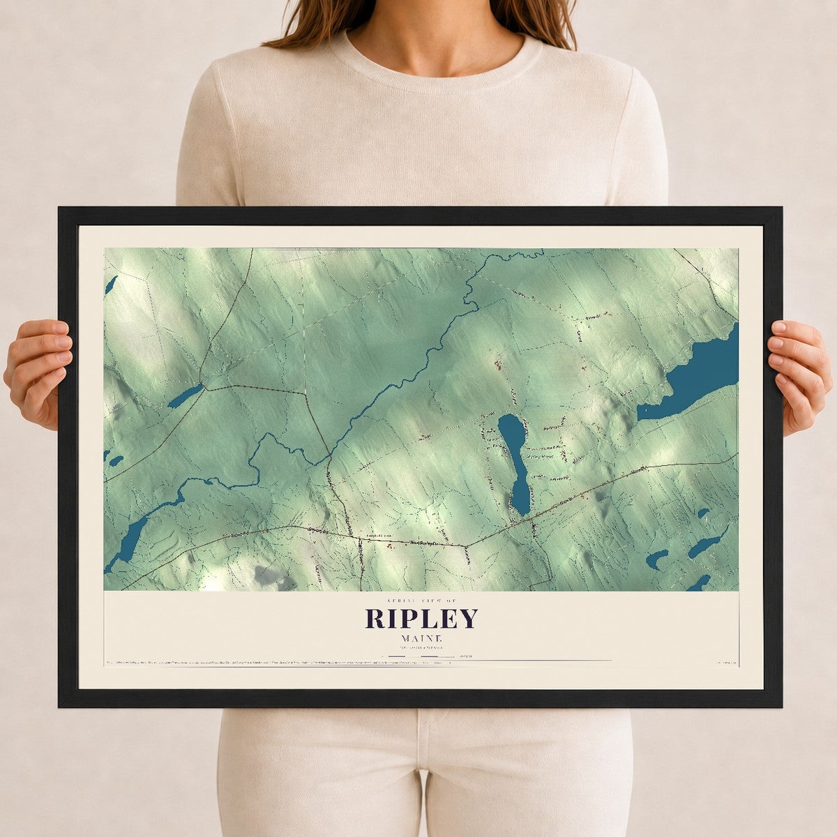 Ripley, Maine map print - 12 x 18 black Ayous wood frame