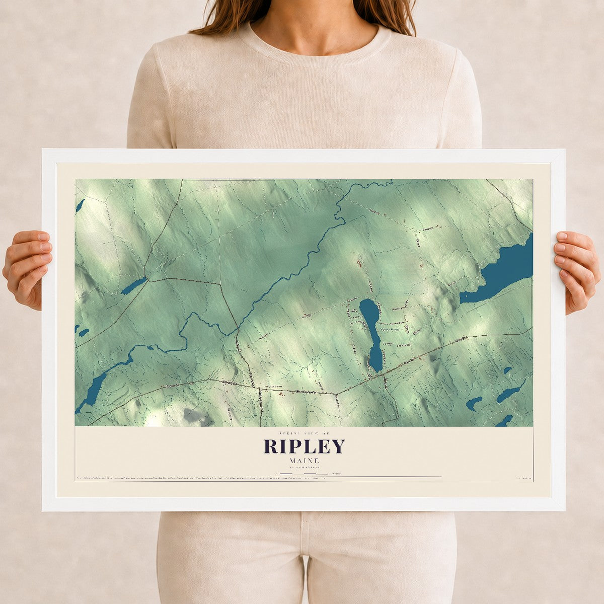 Ripley, Maine map print - 12 x 18 white Ayous wood frame