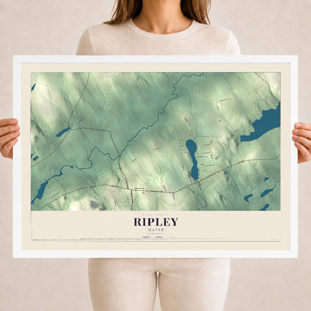 Ripley, Maine map print - 18 x 24 white Ayous wood frame