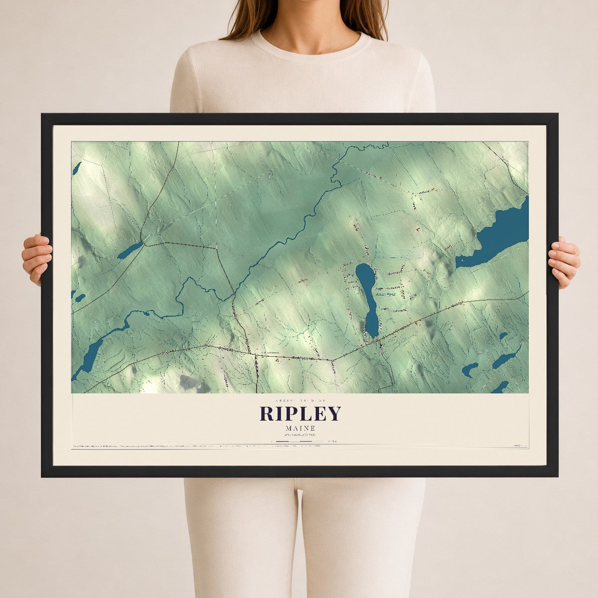 Ripley, Maine map print - 24 x 36 black Ayous wood frame