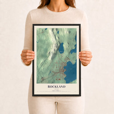 Rockland, Maine map print - 12 x 18 black Ayous wood frame
