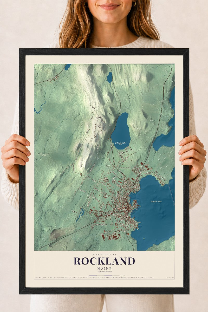 Rockland, Maine map print - 18 x 24 black Ayous wood frame