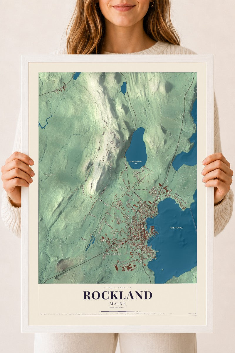 Rockland, Maine map print - 18 x 24 white Ayous wood frame
