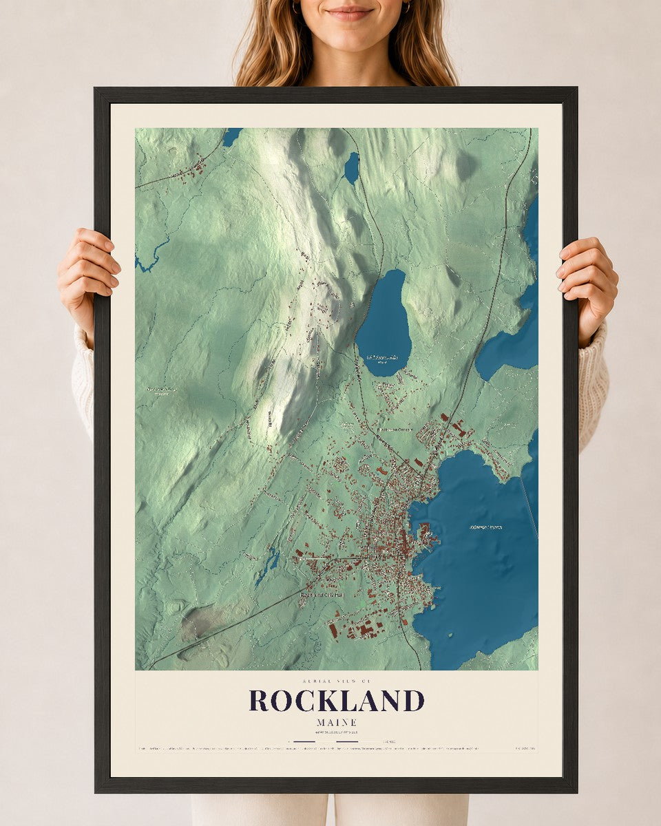 Rockland, Maine map print - 24 x 36 black Ayous wood frame