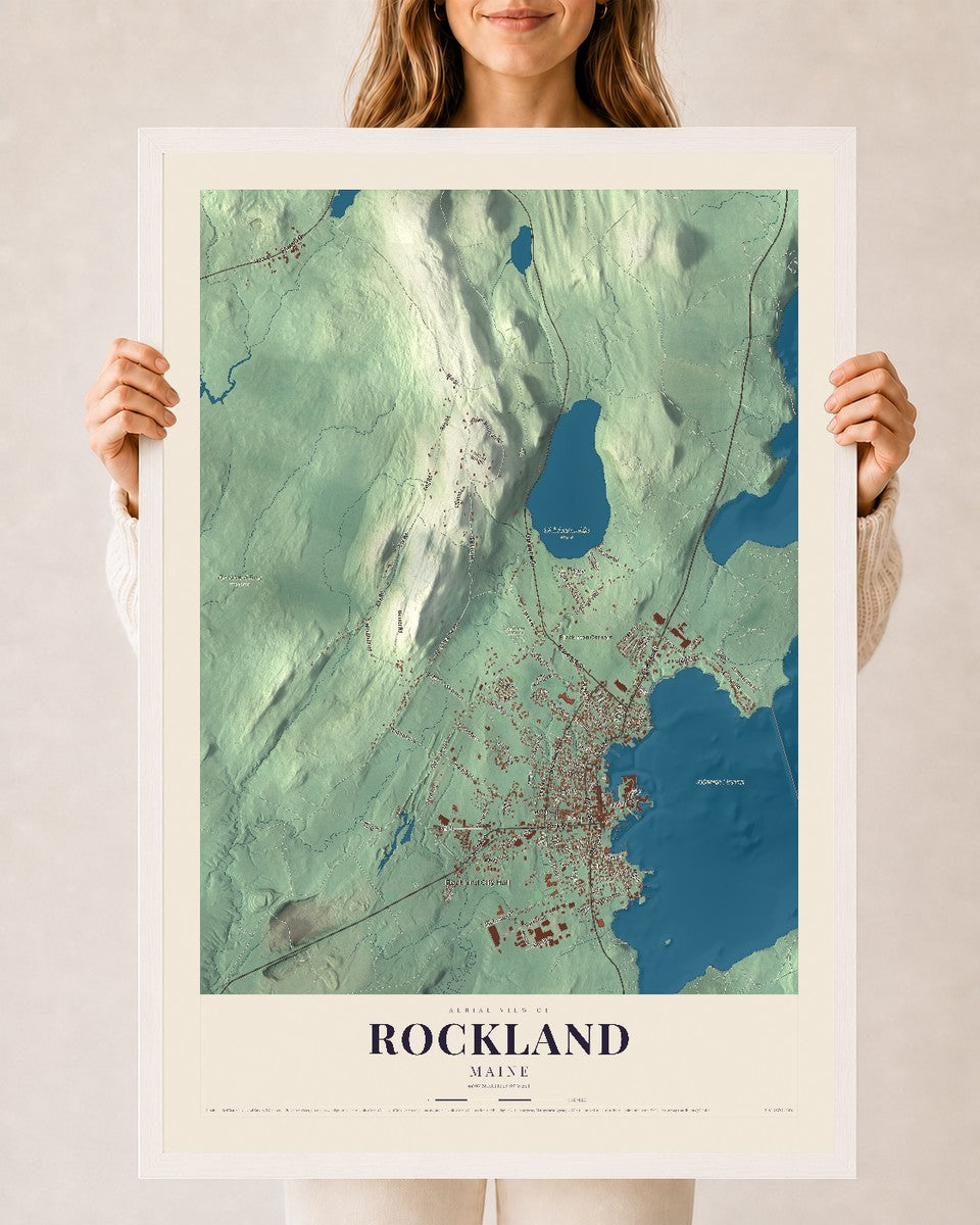 Rockland, Maine map print - 24 x 36 white Ayous wood frame