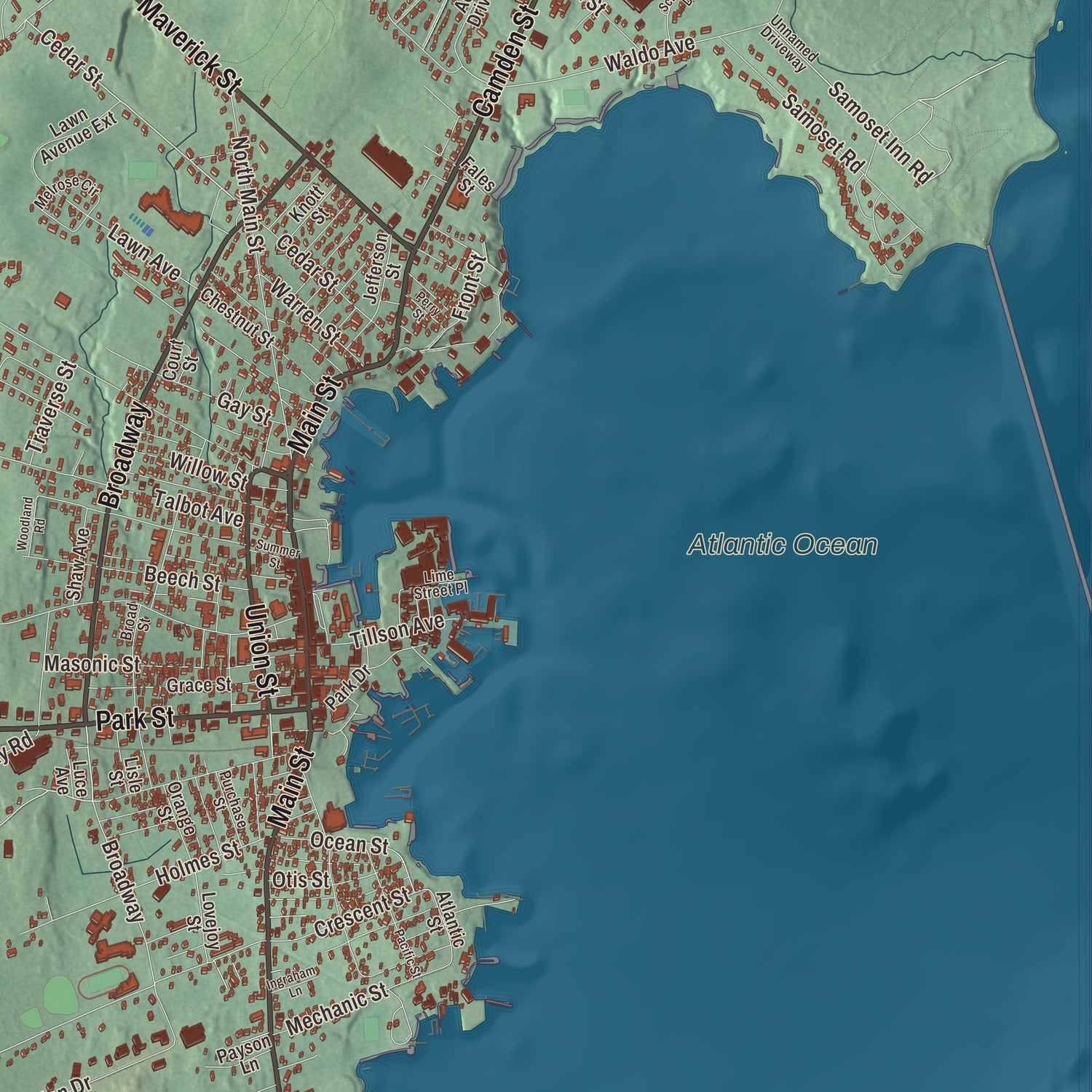 Terrain and local geography detail from the Rockland, Maine map