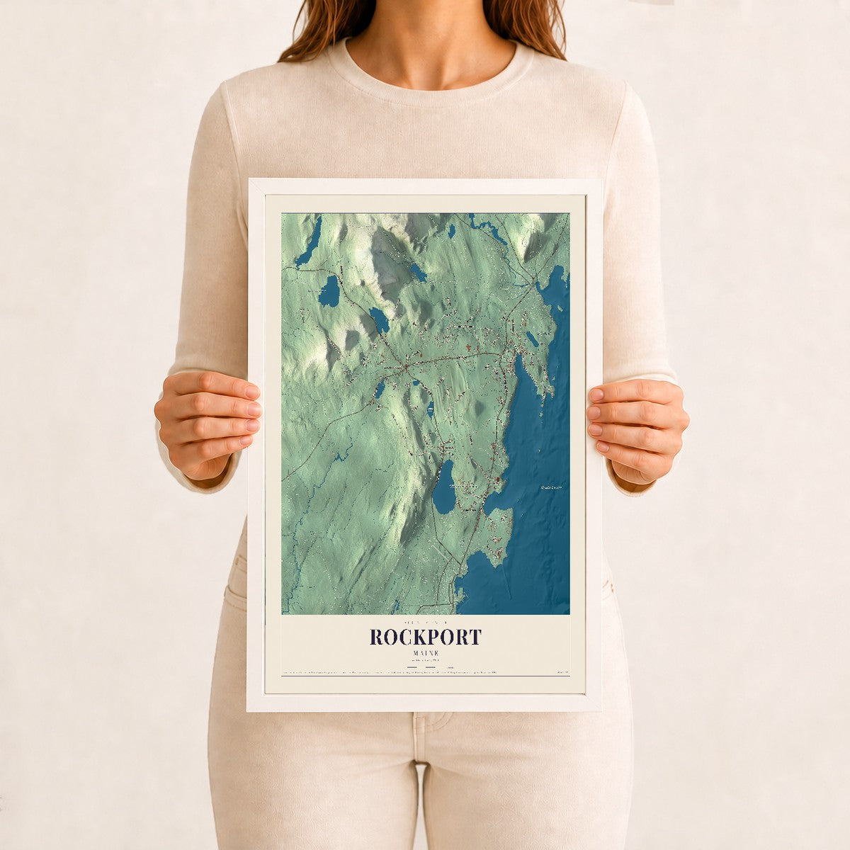 Rockport, Maine map print - 12 x 18 white Ayous wood frame