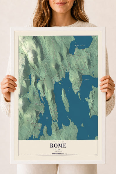 Rome, Maine map print - 18 x 24 white Ayous wood frame