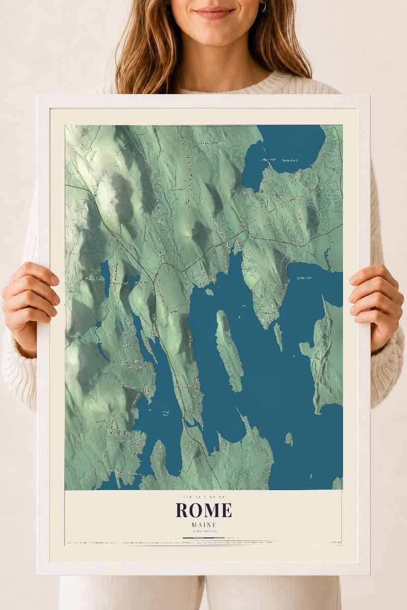 Rome, Maine map print - 18 x 24 white Ayous wood frame