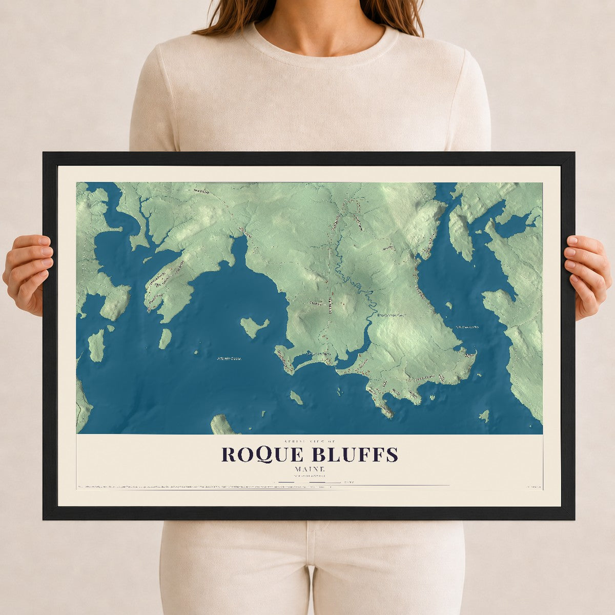Roque Bluffs, Maine map print - 12 x 18 black Ayous wood frame