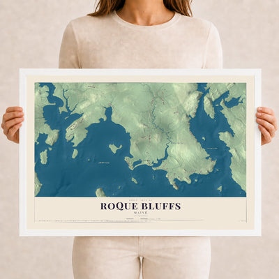 Roque Bluffs, Maine map print - 12 x 18 white Ayous wood frame