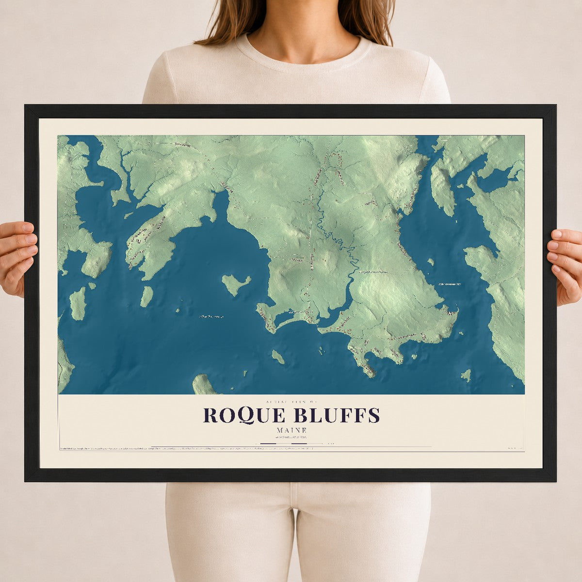 Roque Bluffs, Maine map print - 18 x 24 black Ayous wood frame