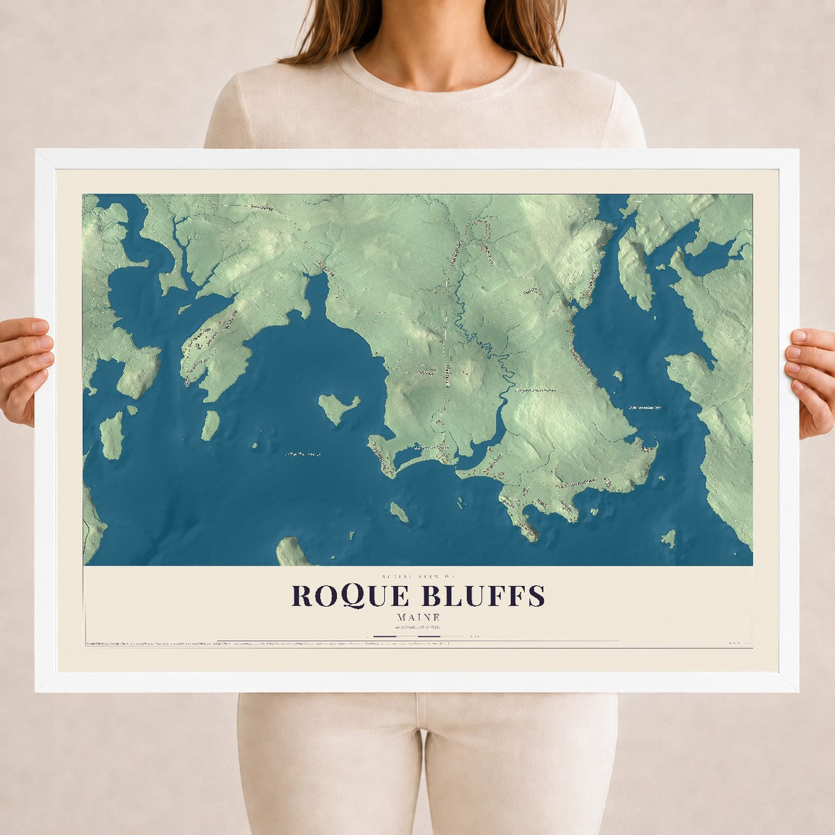 Roque Bluffs, Maine map print - 18 x 24 white Ayous wood frame
