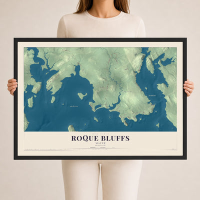 Roque Bluffs, Maine map print - 24 x 36 black Ayous wood frame
