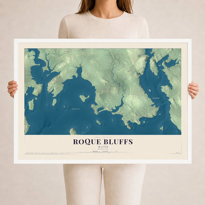 Roque Bluffs, Maine map print - 24 x 36 white Ayous wood frame