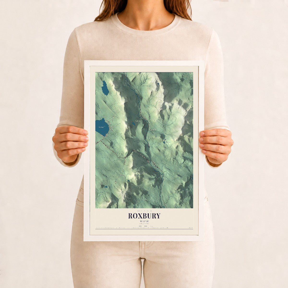 Roxbury, Maine map print - 12 x 18 white Ayous wood frame