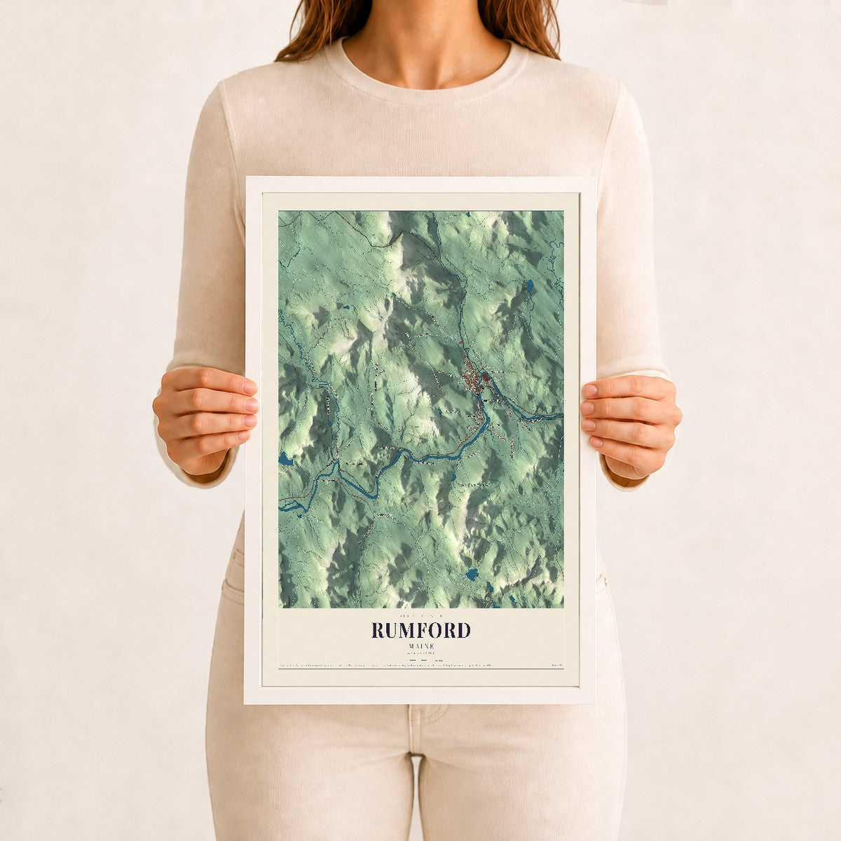 Rumford, Maine map print - 12 x 18 white Ayous wood frame