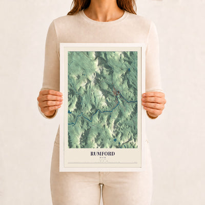 Rumford, Maine map print - 12 x 18 white Ayous wood frame