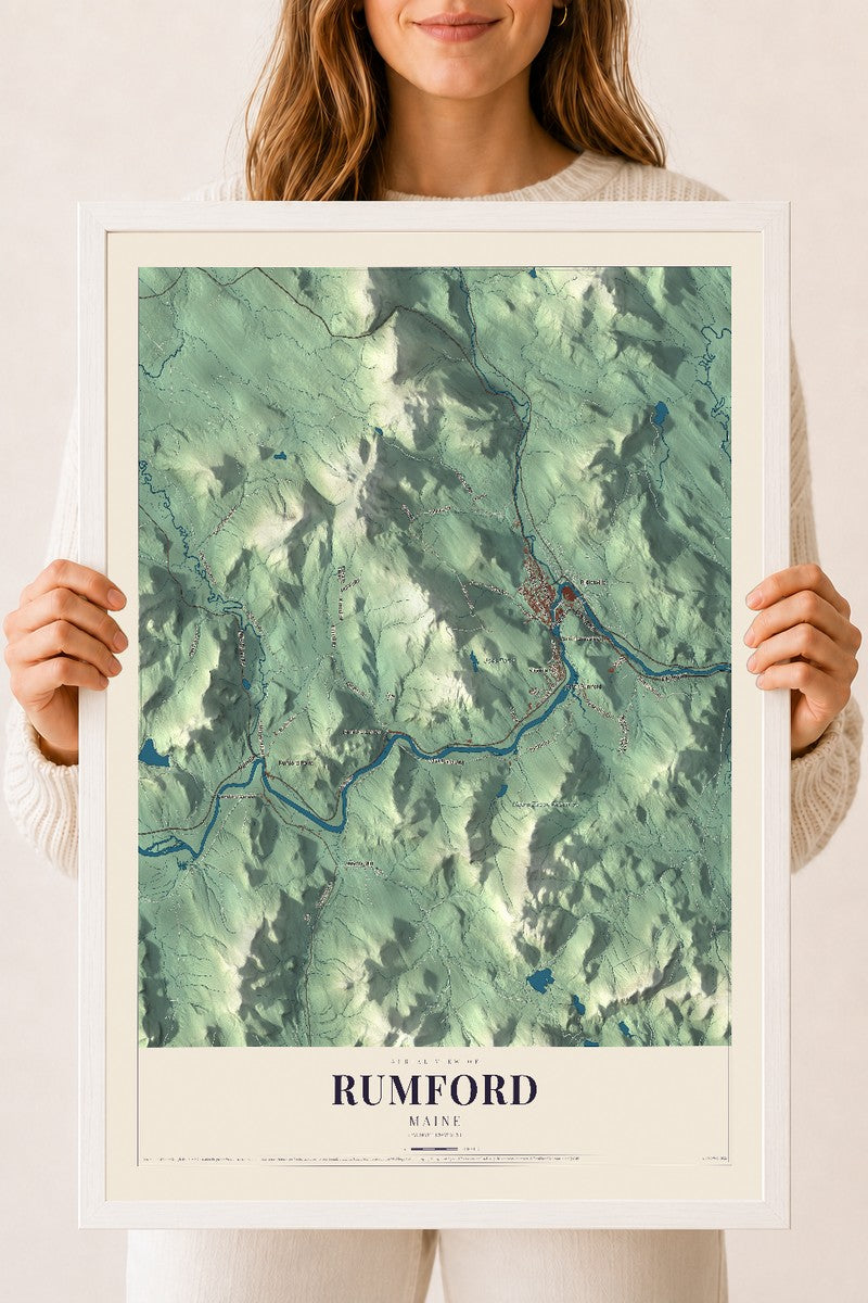 Rumford, Maine map print - 18 x 24 white Ayous wood frame