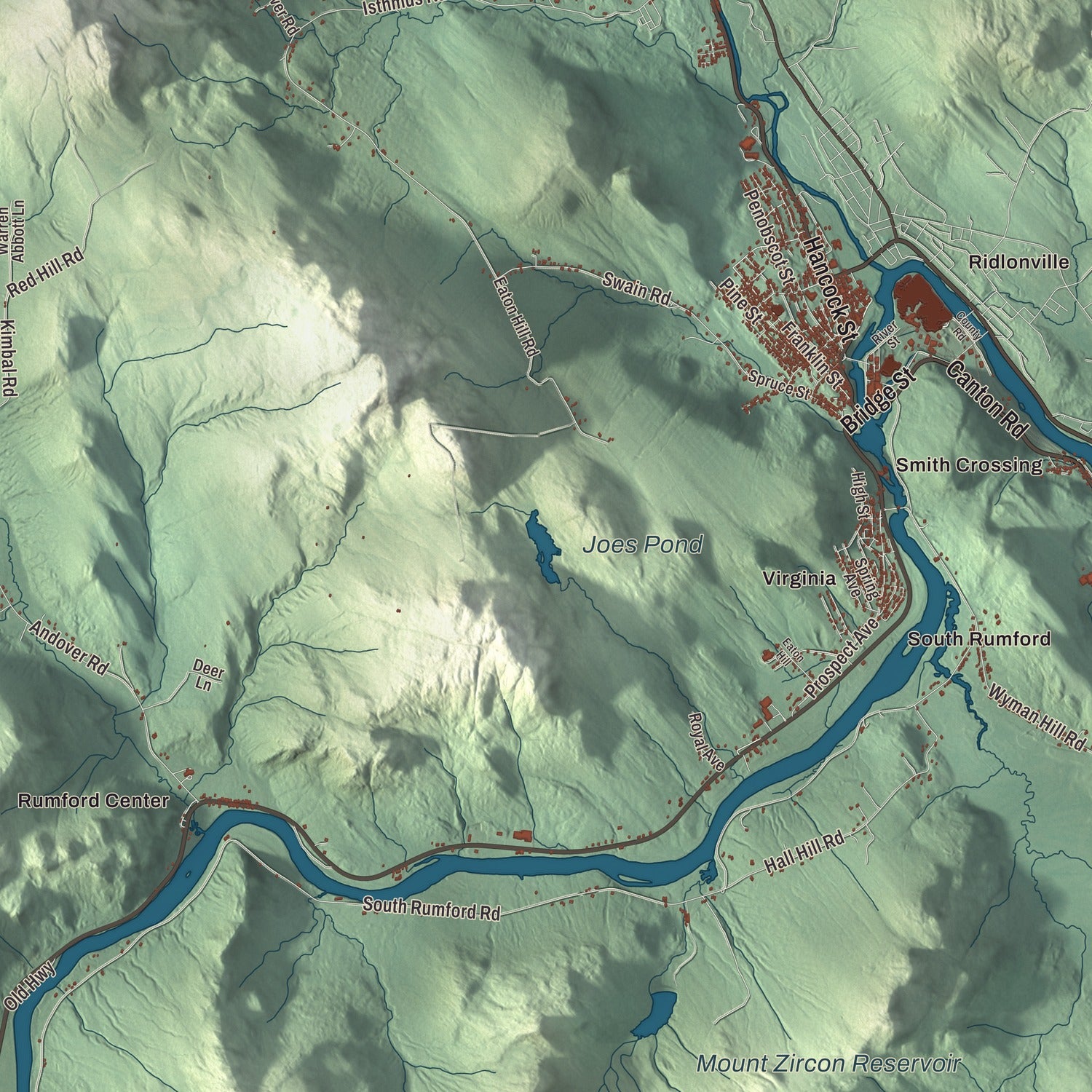 Terrain and local geography detail from the Rumford, Maine map