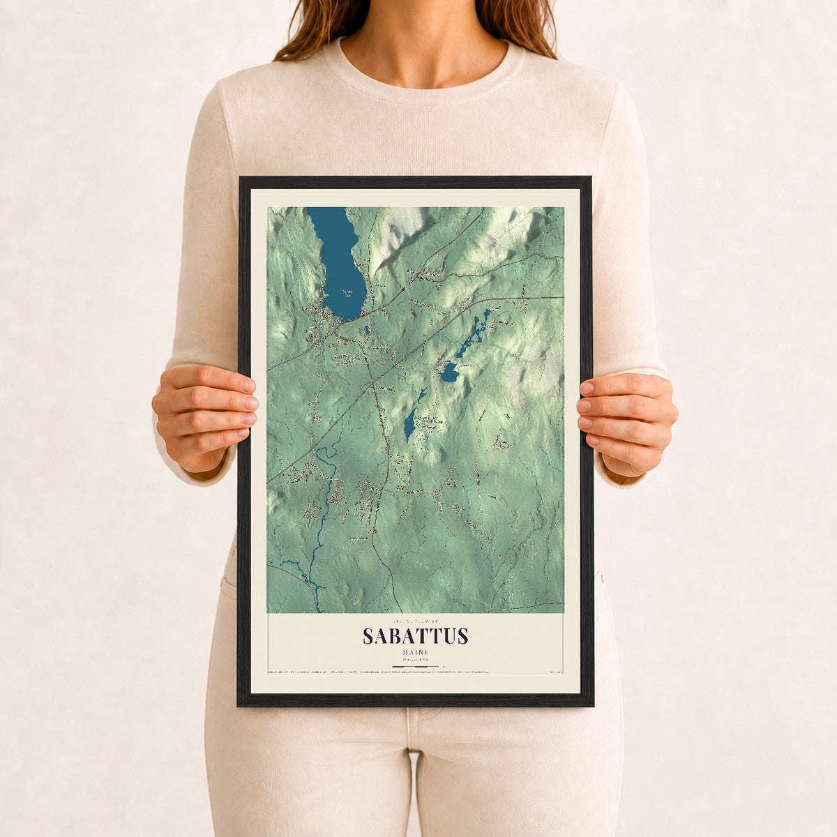 Sabattus, Maine map print - 12 x 18 black Ayous wood frame