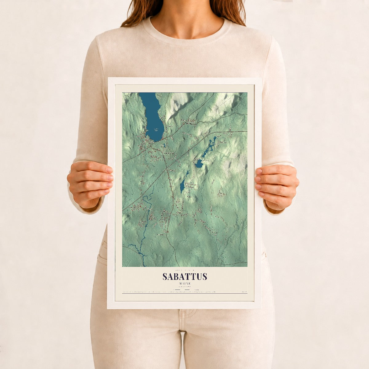 Sabattus, Maine map print - 12 x 18 white Ayous wood frame
