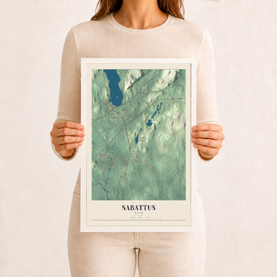Sabattus, Maine map print - 12 x 18 white Ayous wood frame