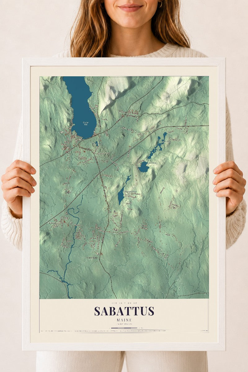 Sabattus, Maine map print - 18 x 24 white Ayous wood frame