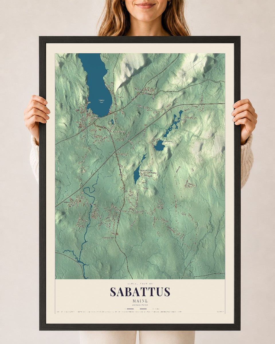 Sabattus, Maine map print - 24 x 36 black Ayous wood frame