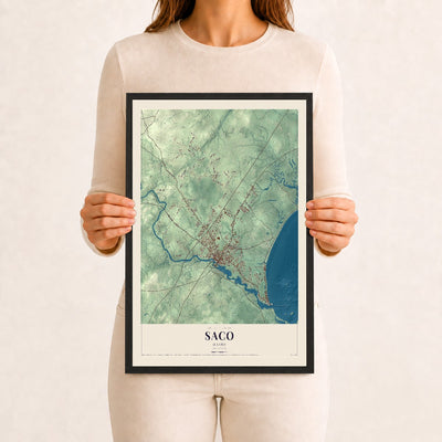 Saco, Maine map print - 12 x 18 black Ayous wood frame