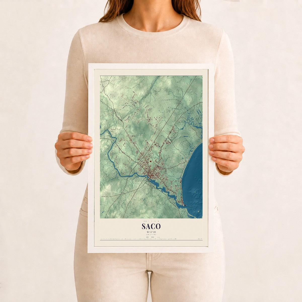 Saco, Maine map print - 12 x 18 white Ayous wood frame