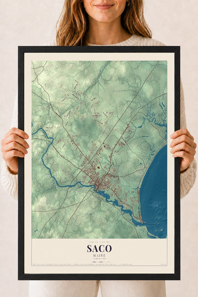 Saco, Maine map print - 18 x 24 black Ayous wood frame