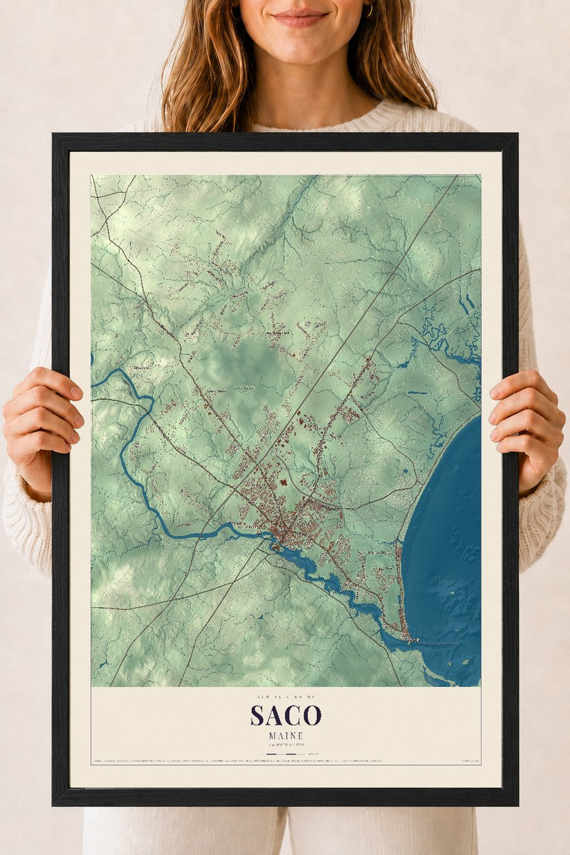 Saco, Maine map print - 18 x 24 black Ayous wood frame