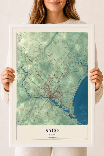 Saco, Maine map print - 18 x 24 white Ayous wood frame