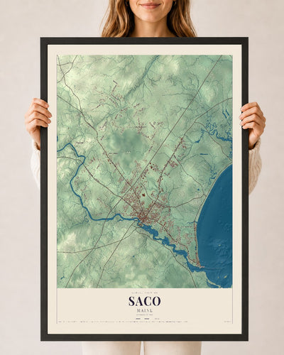 Saco, Maine map print - 24 x 36 black Ayous wood frame