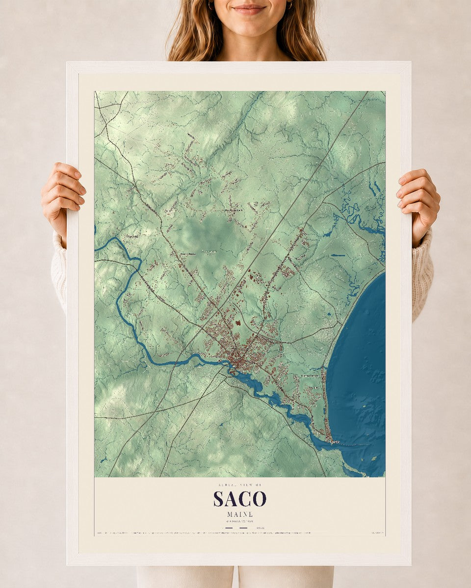 Saco, Maine map print - 24 x 36 white Ayous wood frame