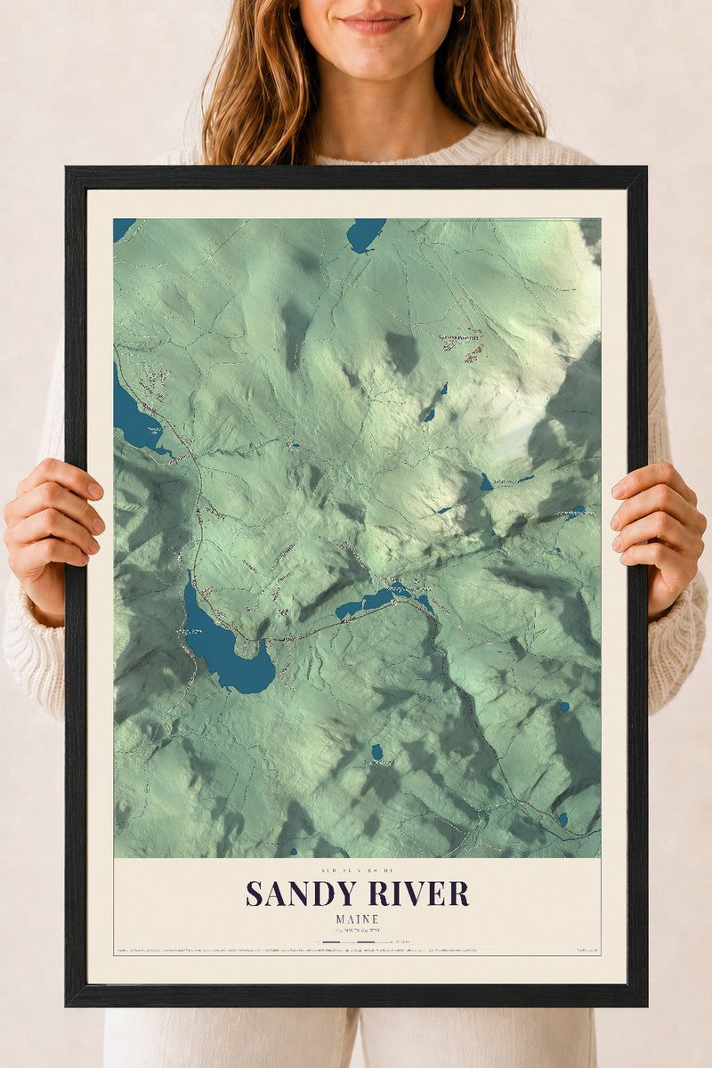 Sandy River, Maine map print - 18 x 24 black Ayous wood frame