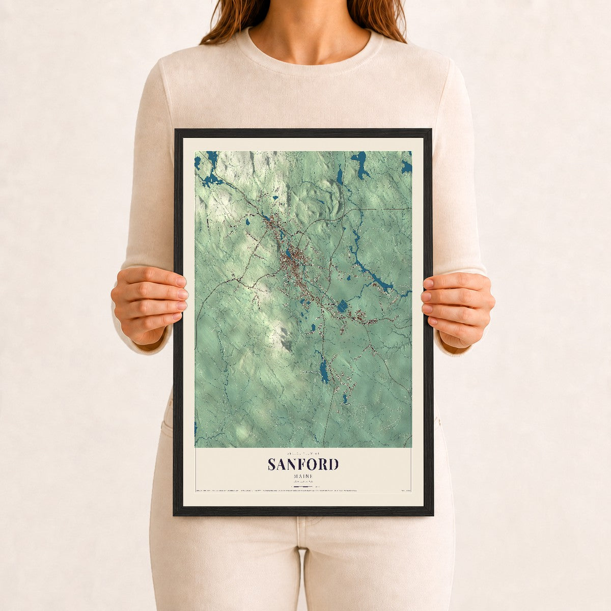 Sanford, Maine map print - 12 x 18 black Ayous wood frame