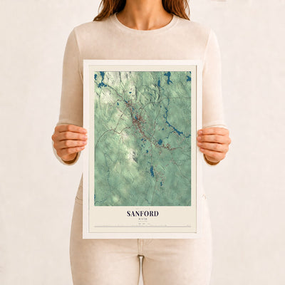 Sanford, Maine map print - 12 x 18 white Ayous wood frame